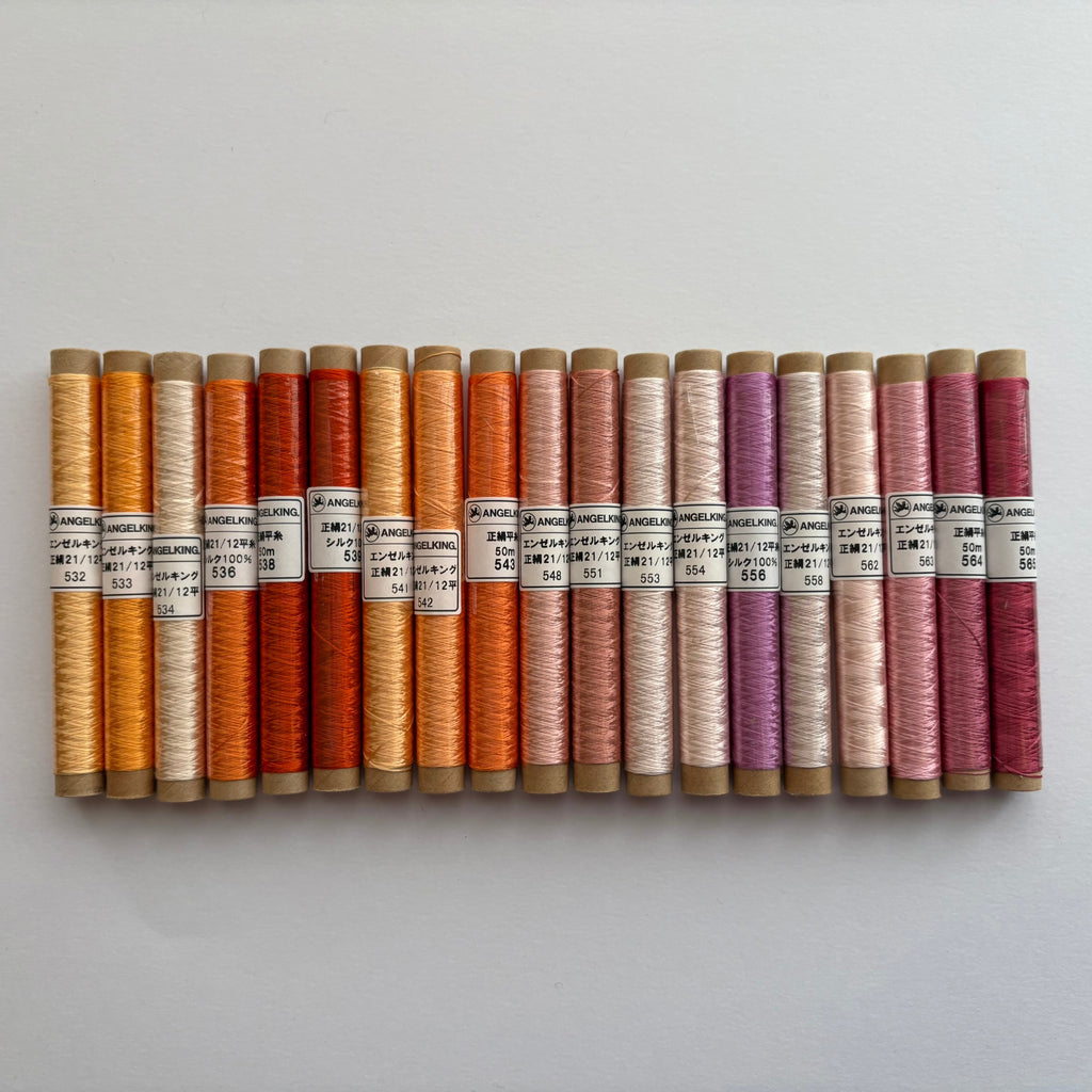 Pure silk flat thread 21/12, 100% silk embroidery floss, 50m cigarette wound, color numbers 532-565